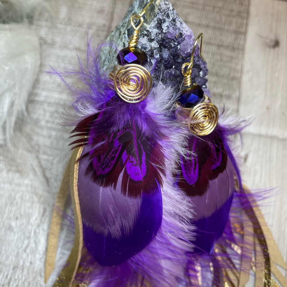 Gold Foiled Genuine Leather Fringe Purple Feather Earrings - Picture 2 of 15